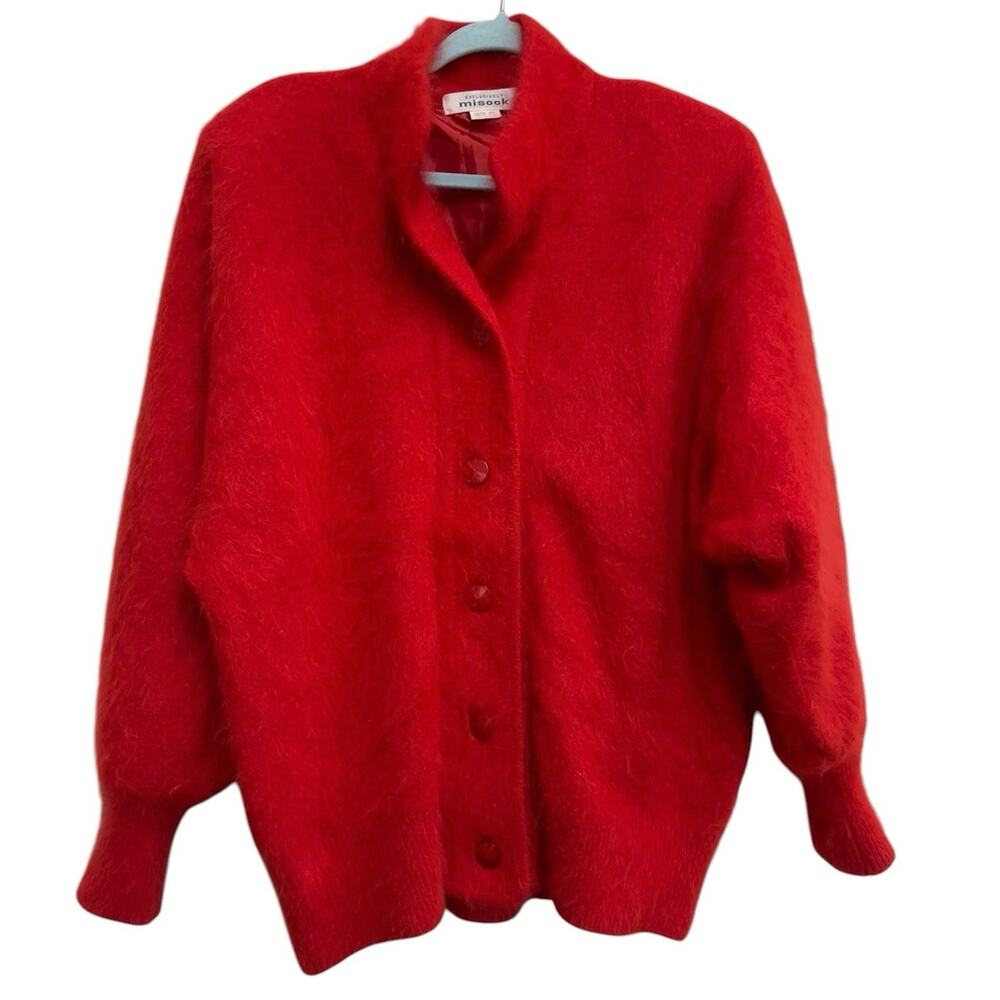 Vintage Misook Red Angora Cardigan Sweater Jacket 80%โ Angora Fuzzy Korea